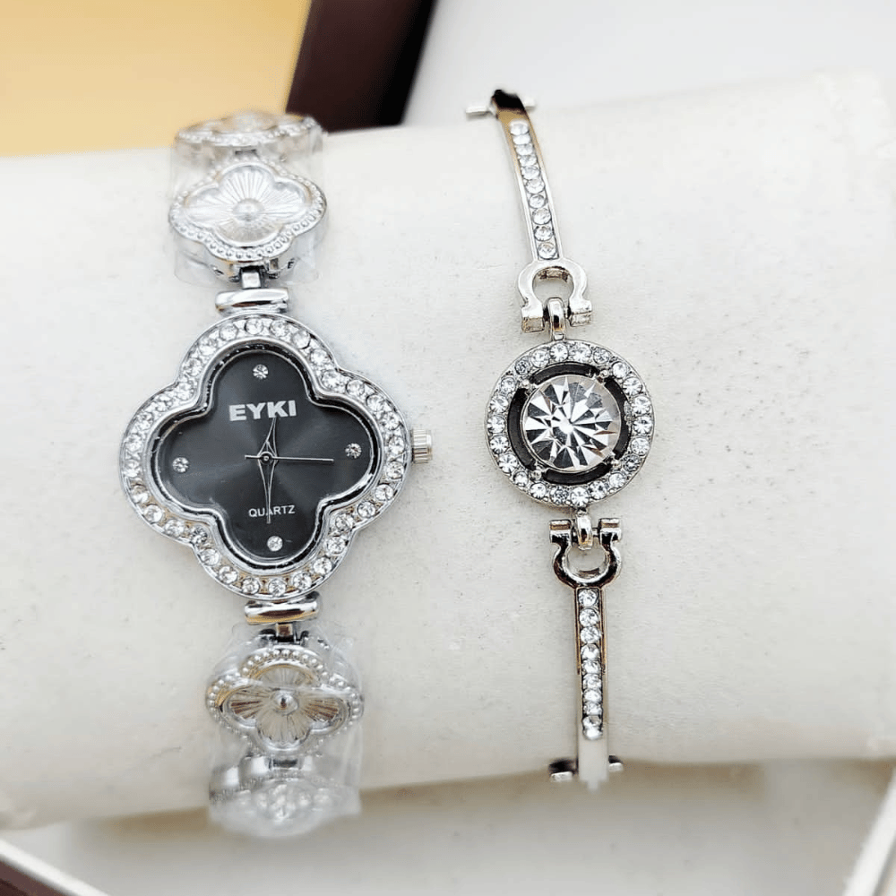 Main view of silver watch with black dial and bracelet set