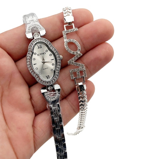 Ladies Jewelry Watch + Bracelet – Elegant Silver