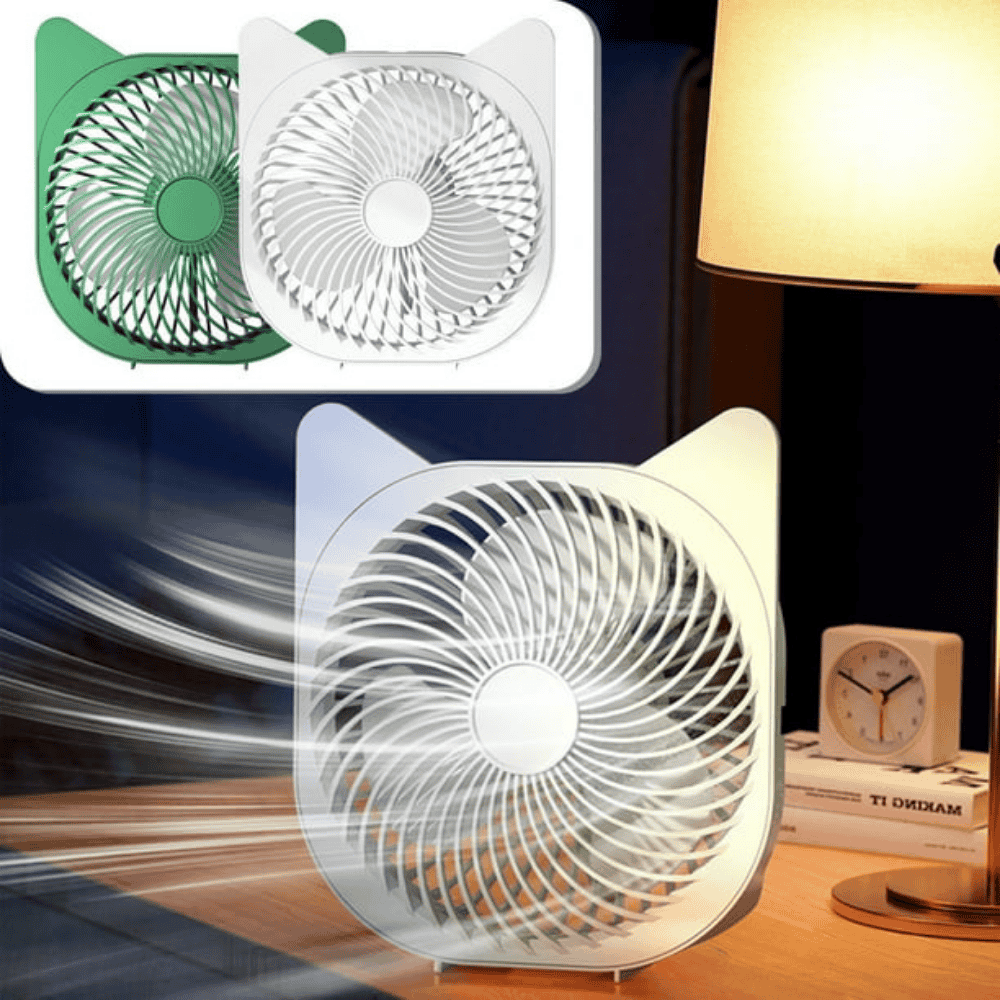 fan-front-look showing the small quiet desk fan in pastel color from front angle