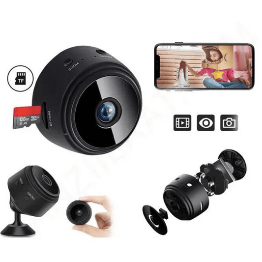 Black surveillance camera with smartphone display, memory card, and additional camera models on a white background.
