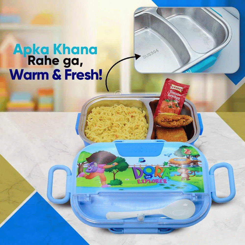Children's bento box with compartments containing food and a spoon, featuring the Dora the Explorer branding.