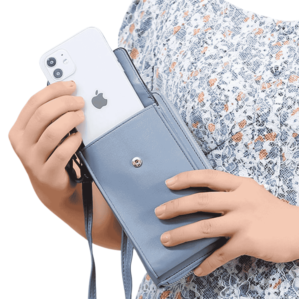 Another closeup view of Forever Young blue clutch showing leather detail