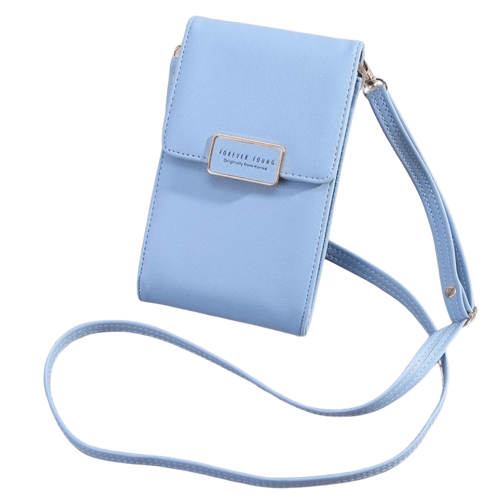 Front view of Forever Young blue clutch with top zipper design