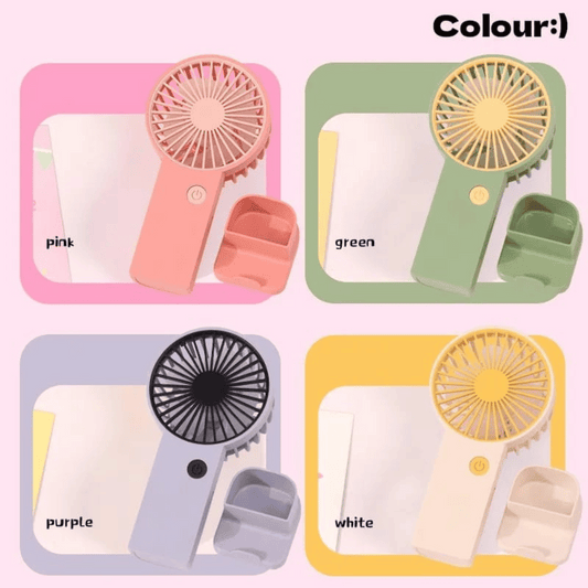 Four different colored handheld fans on a pink background with color labels.
