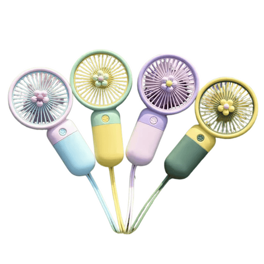 Four colorful handheld fans on a white background