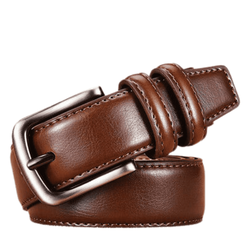 front-look-brown showing front view of the brown belt with metallic buckle