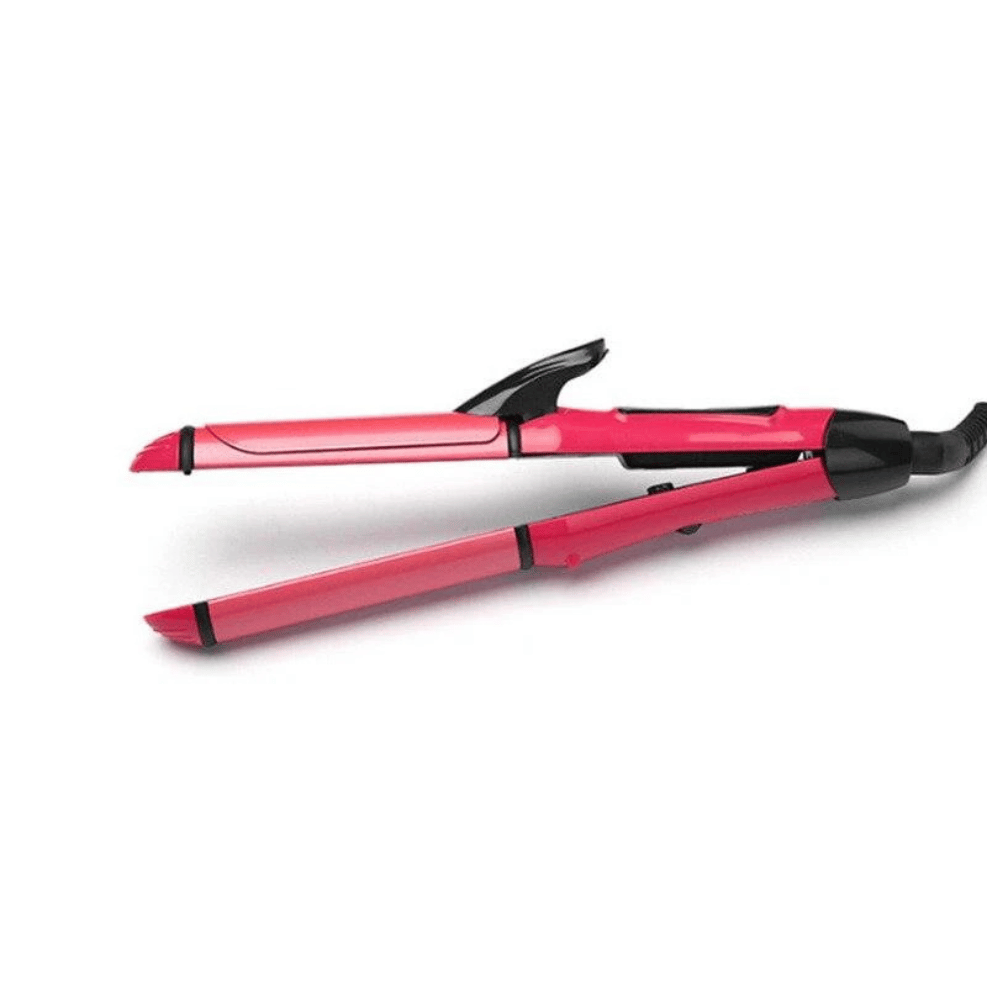 Pink hair straightener with black accents on a white background