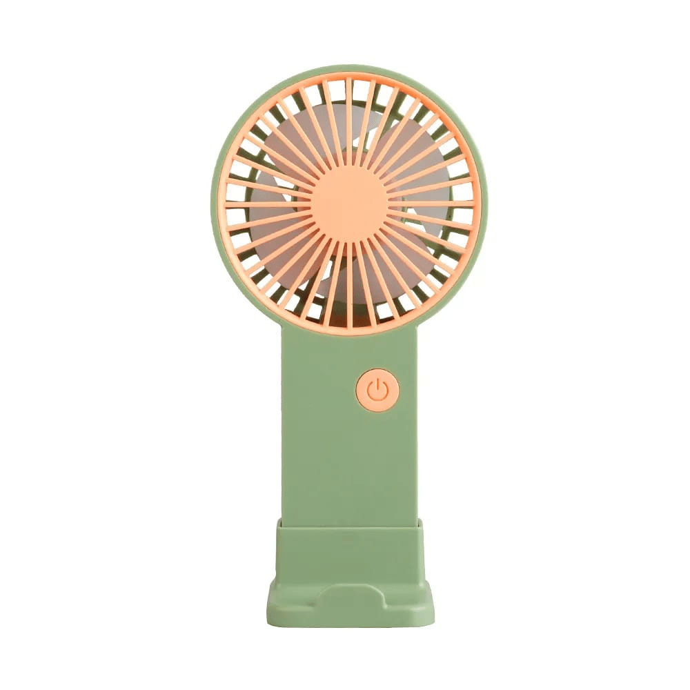 Handheld fan with green base and rose gold blades on a white background