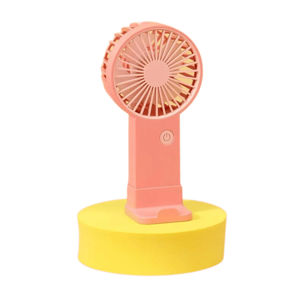 Pink handheld fan with yellow base on a white background