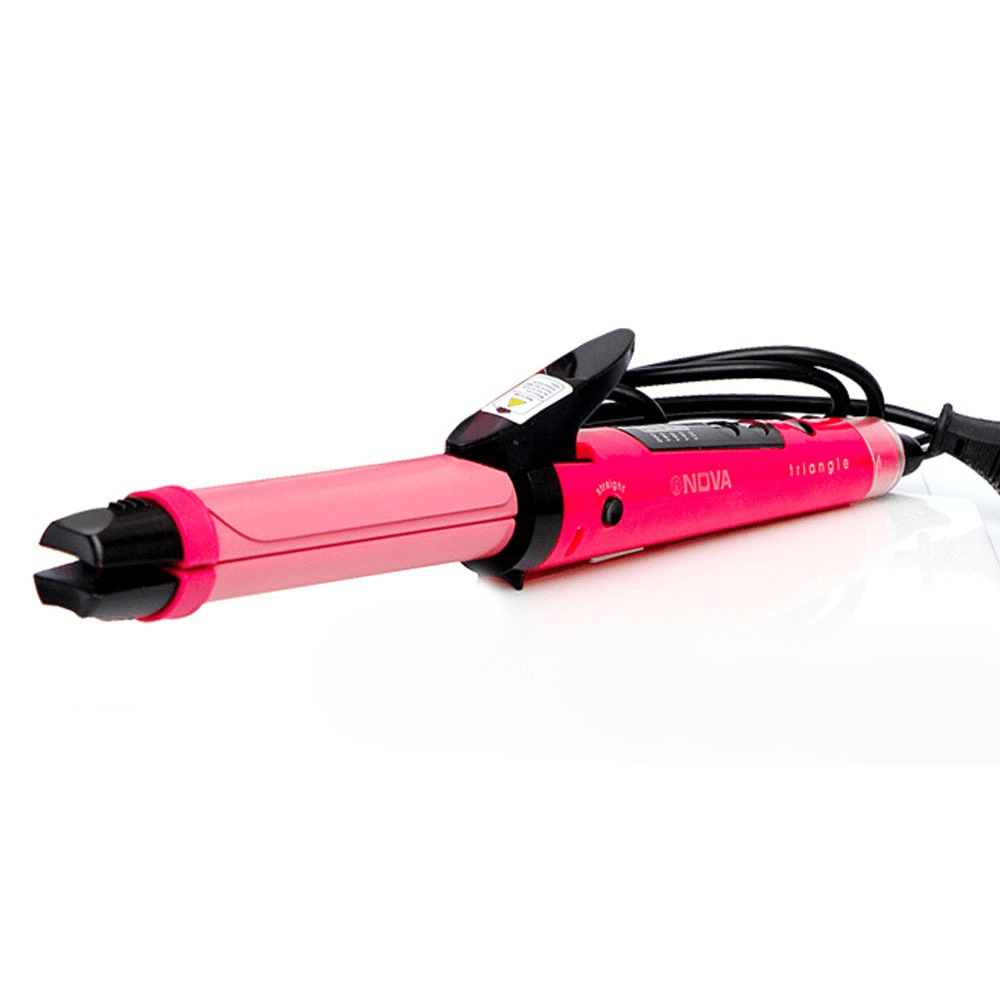 Pink and black hair straightener on a white background