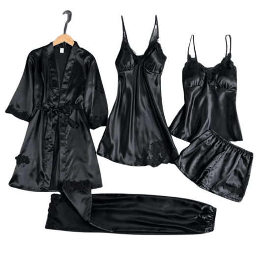 front-view-main-picture-black displaying full-length robe and nighty set in black