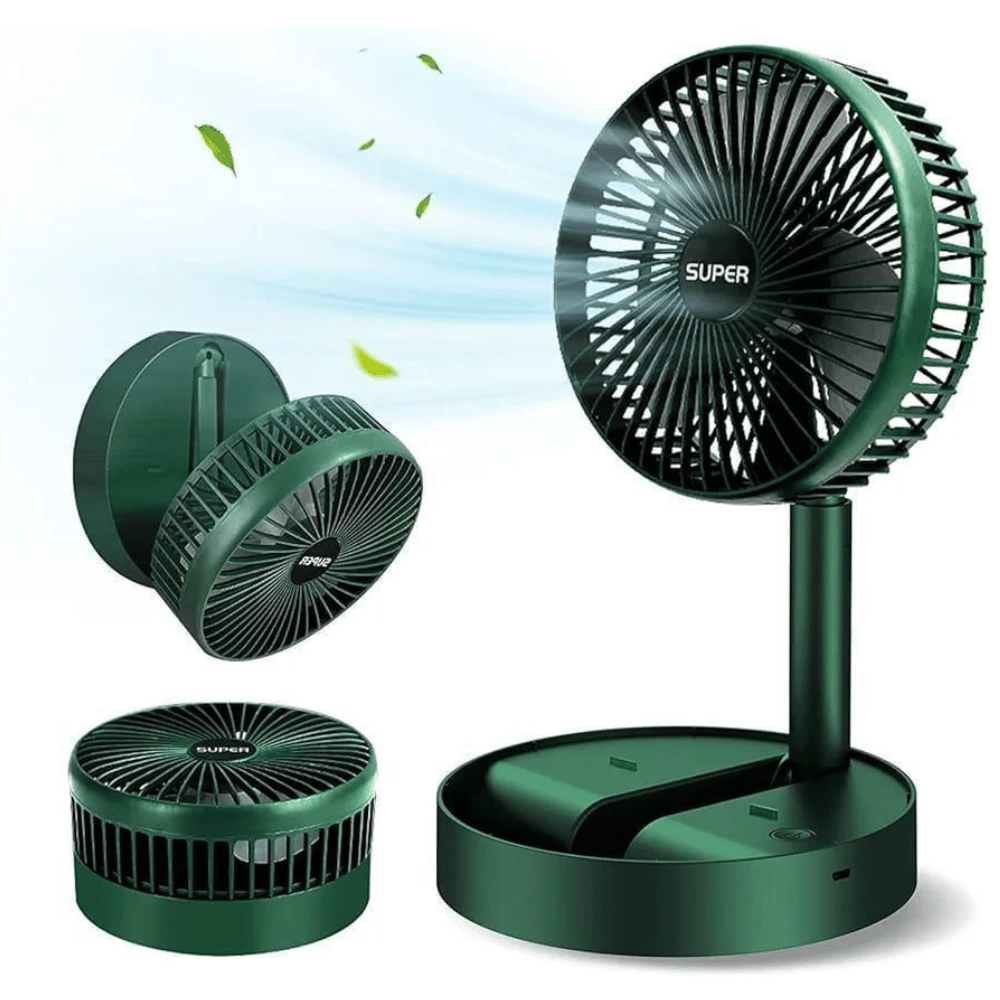 Green portable fan with multiple angles on a white background