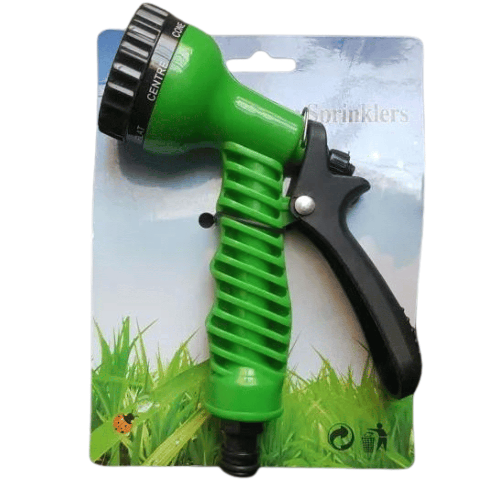 Green garden hose nozzle on a packaging background with grass and sprinklers design.