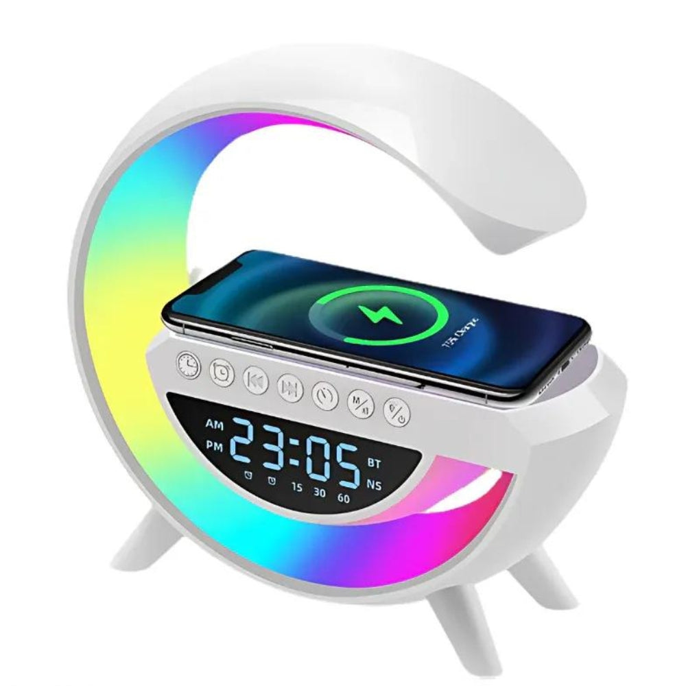 White clock with smartphone charging pad and colorful display on a white background