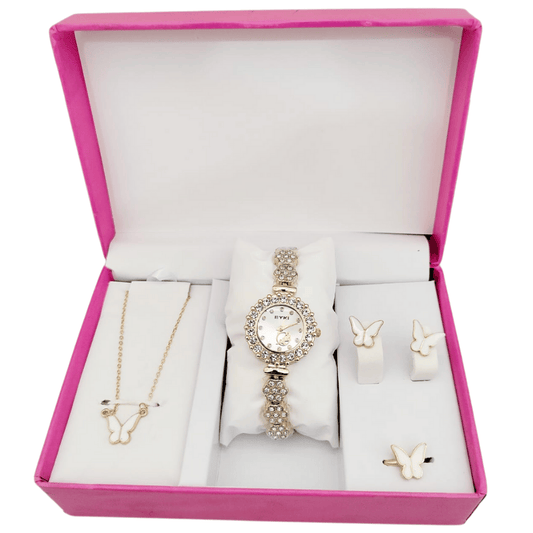 Gift Set with golden watch (white dial), black locket, earrings, and ring