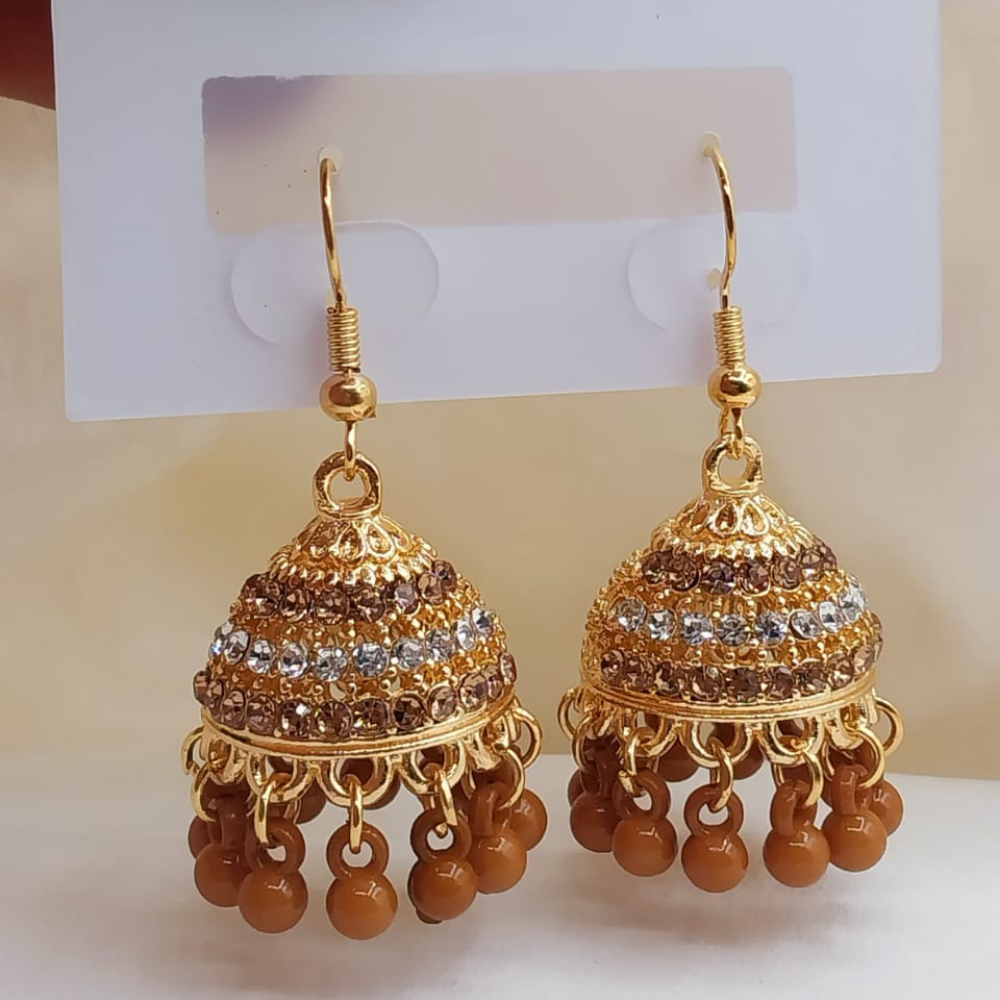 Gold plated earrings with brown moti – front view