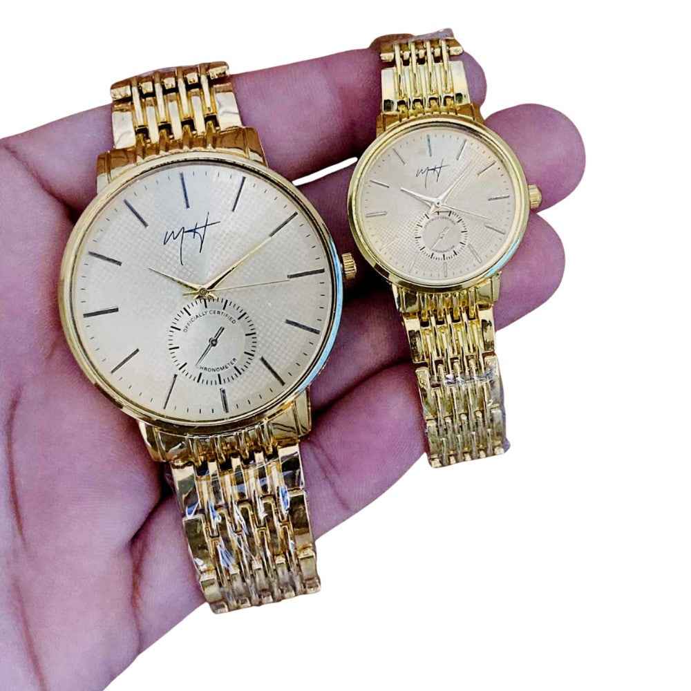 Couple Pair Watch with Box | Premium Golden Wrist Watch Set for Him & Her