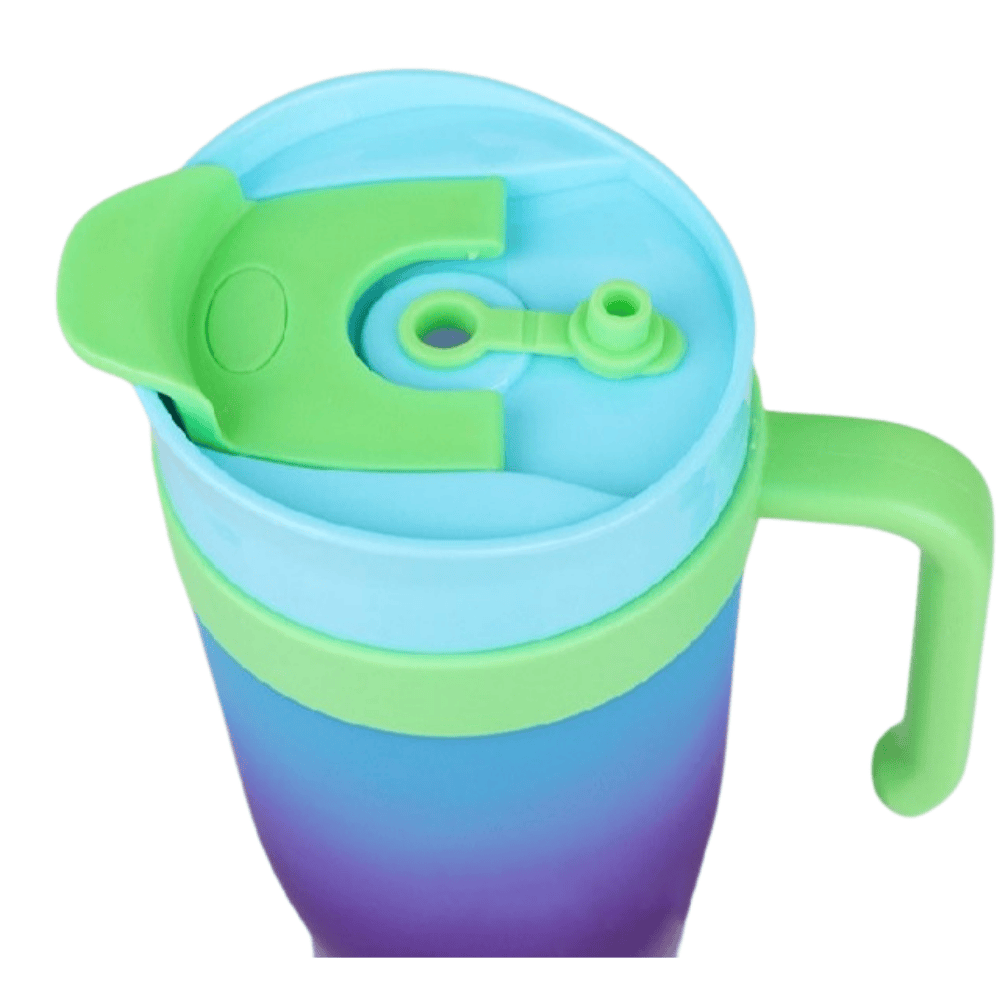Close-up of green gradient water bottle with lid