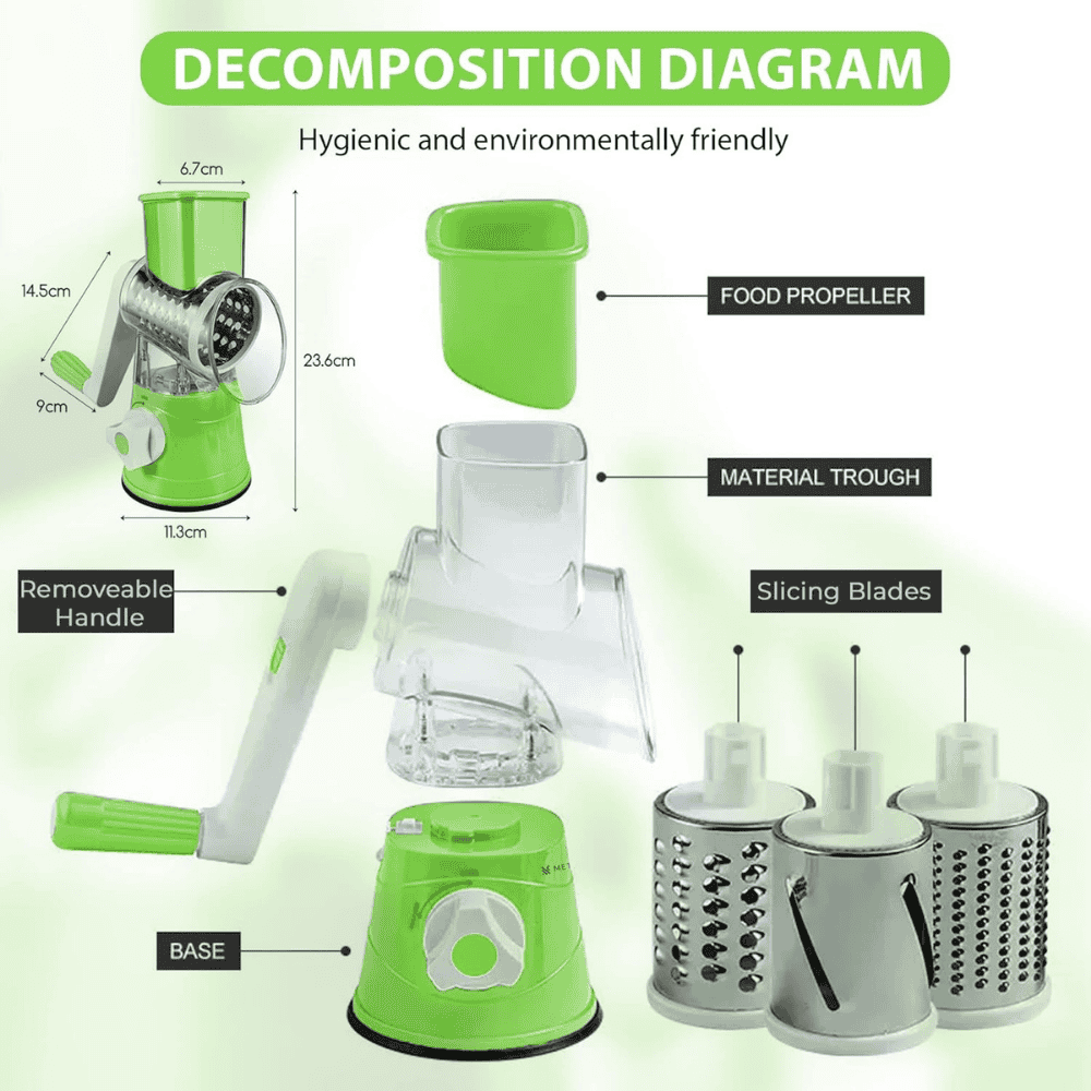Breakdown of rotary grater parts for easy cleaning