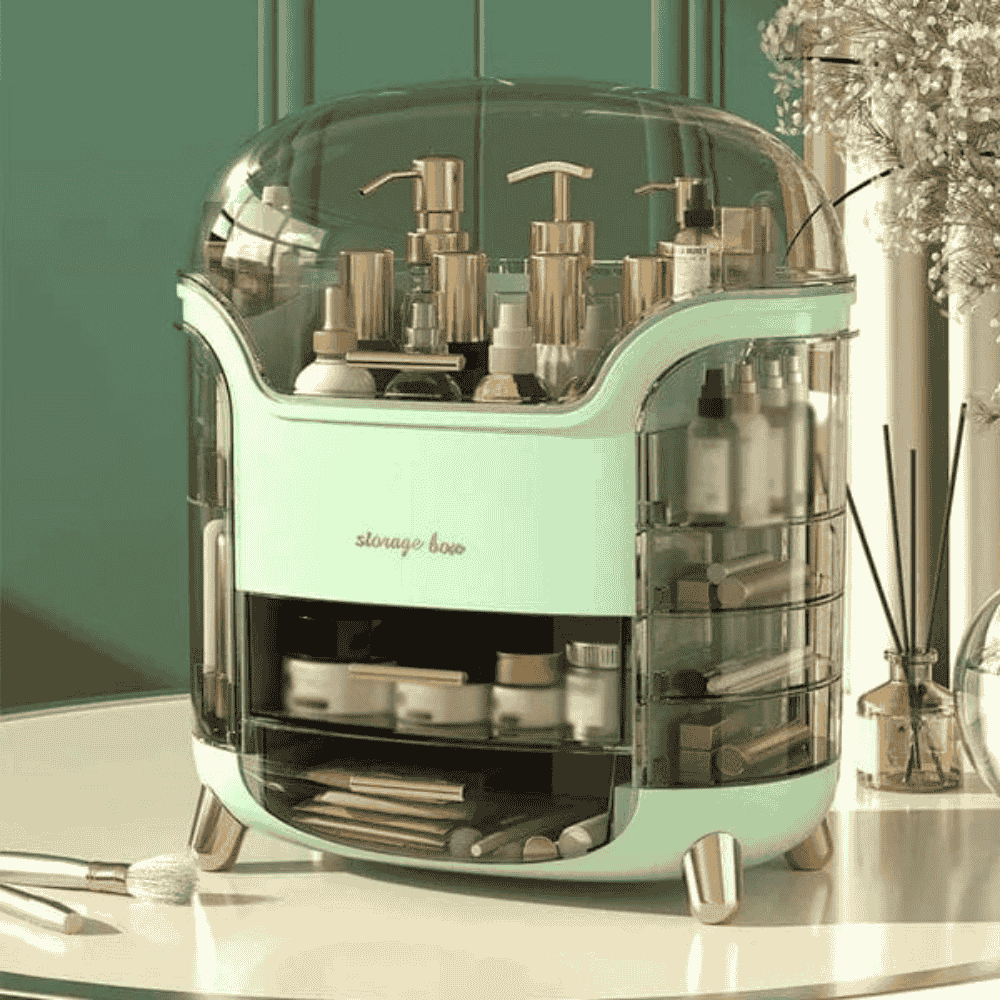 Mint green cosmetic storage organizer with various products on a vanity.