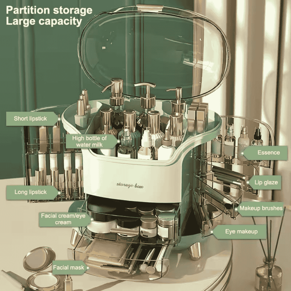 Makeup organizer with labeled compartments on a green background