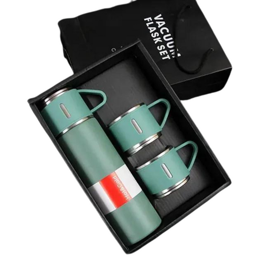 Top angle view of green stainless steel flask set