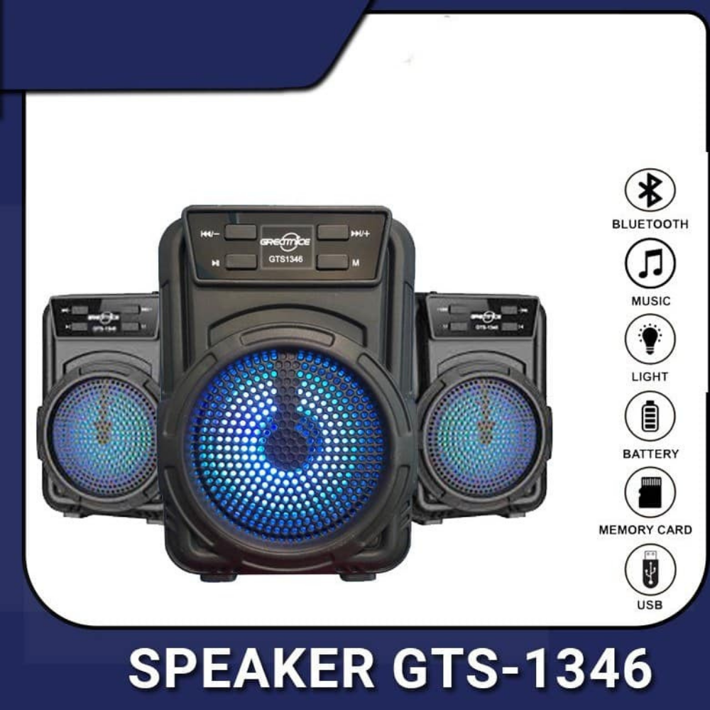 Black speaker system with blue LED lights on a white background, featuring Bluetooth and music icons.