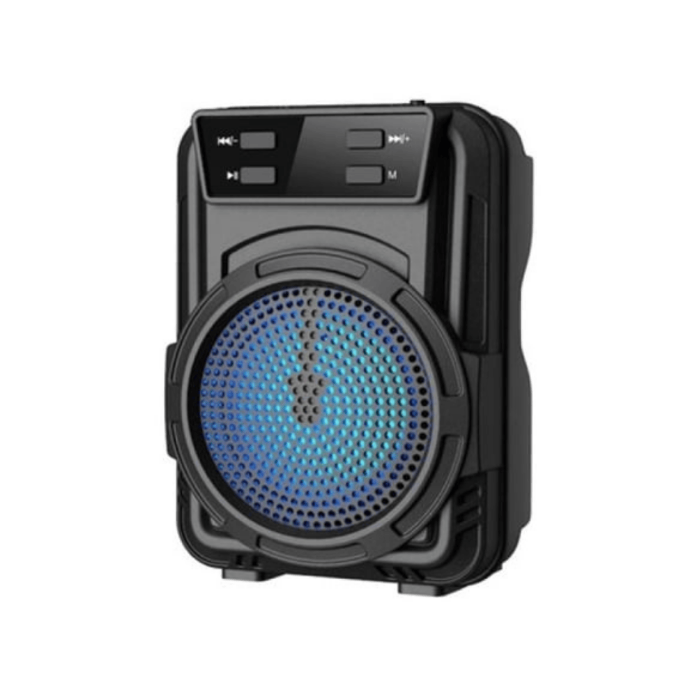 Black portable speaker with blue LED lights on a white background
