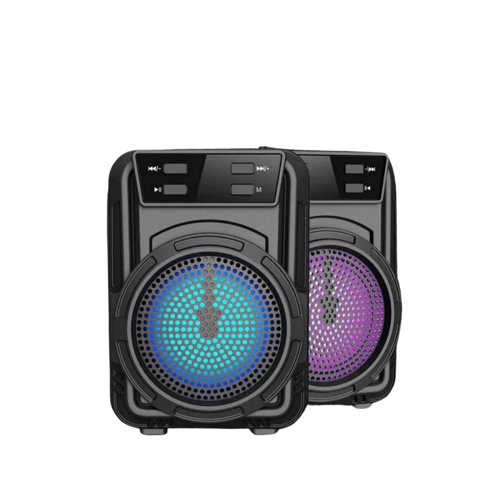 Pair of black portable speakers with colorful LED lights on a white background