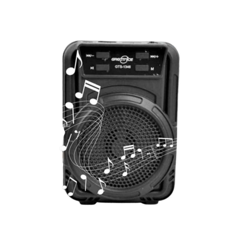 Black portable speaker with music note design on a white background