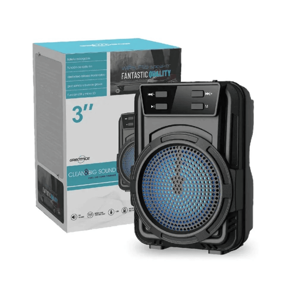 Portable speaker with a box labeled 'Fantastic Quality' on a white background