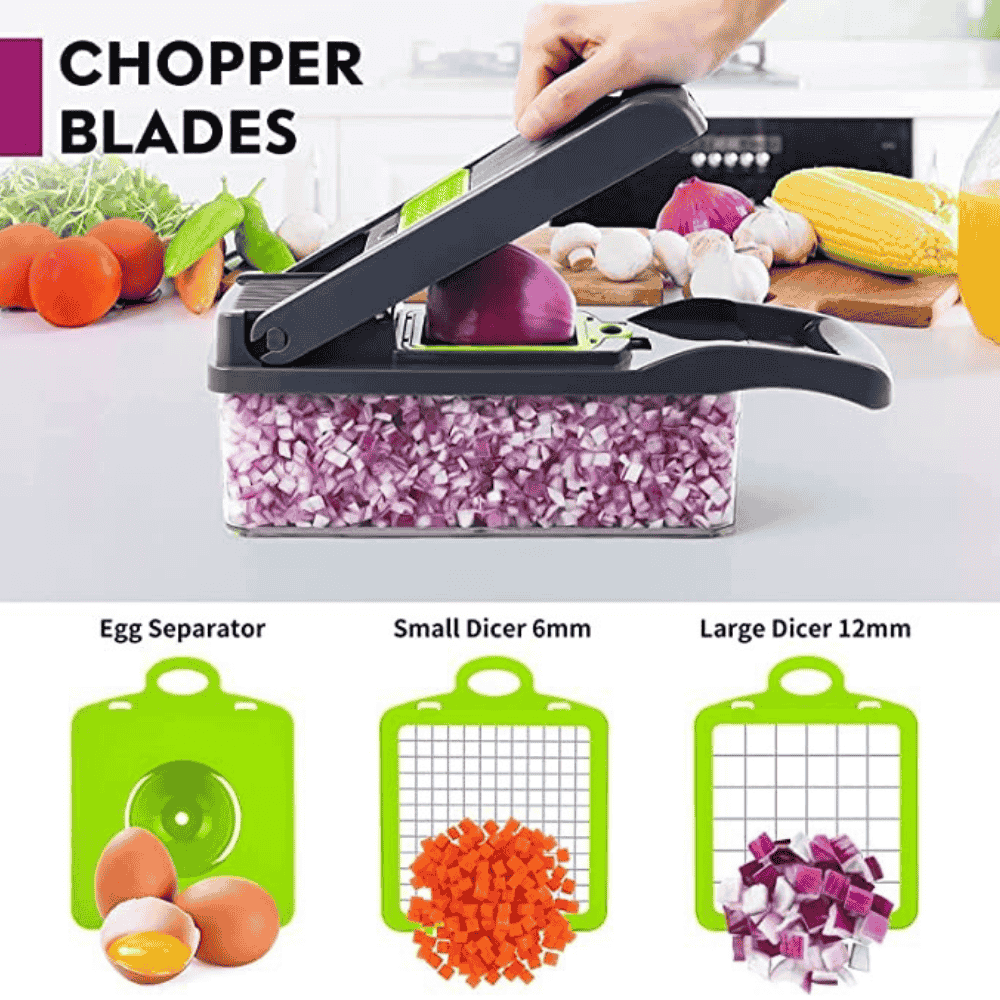 User pressing chopper down while cutting vegetables