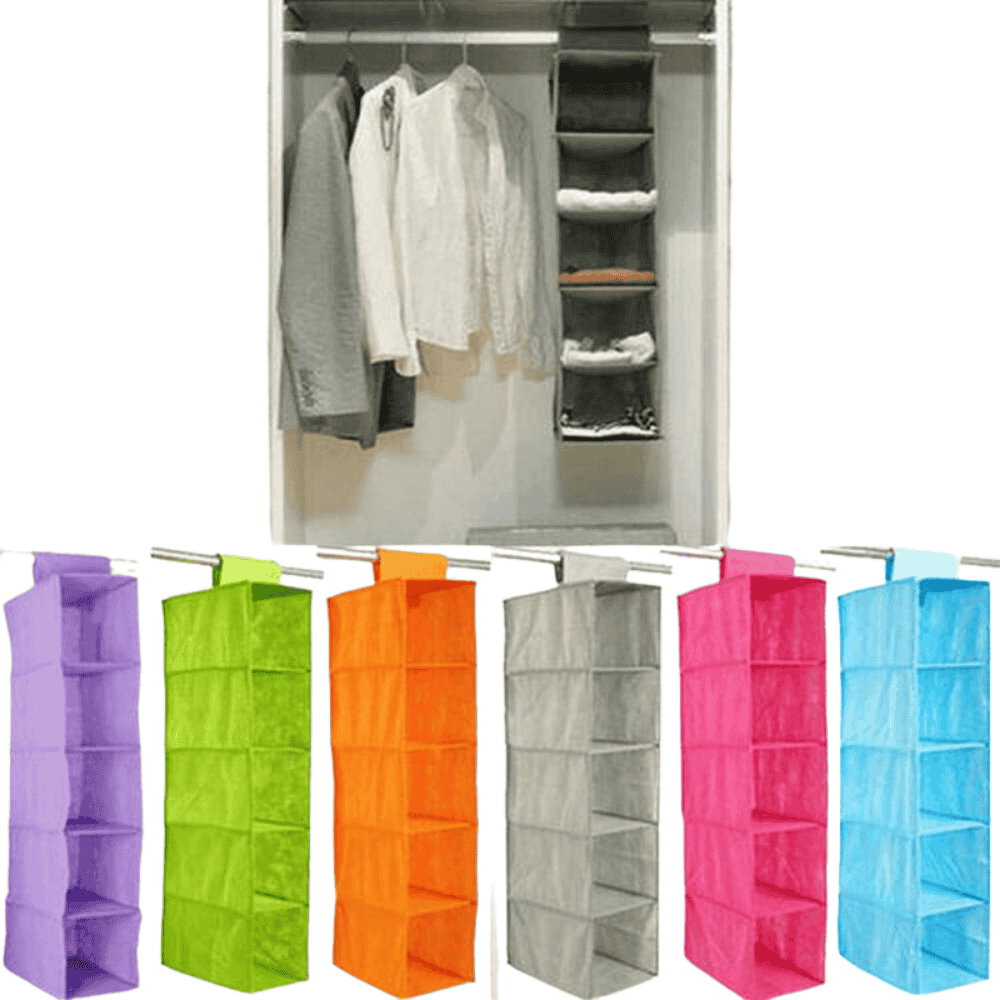 Front view of 5-layer multicolor hanging closet organizer