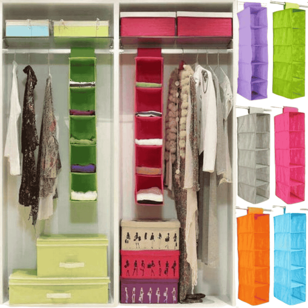 Hanging closet organizer with multiple layers inside a wardrobe
