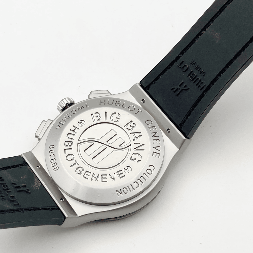 Backside of the Hublot watch showing strap and case