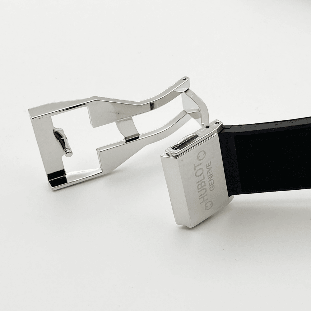 Close-up image of lock strap design on Hublot watch