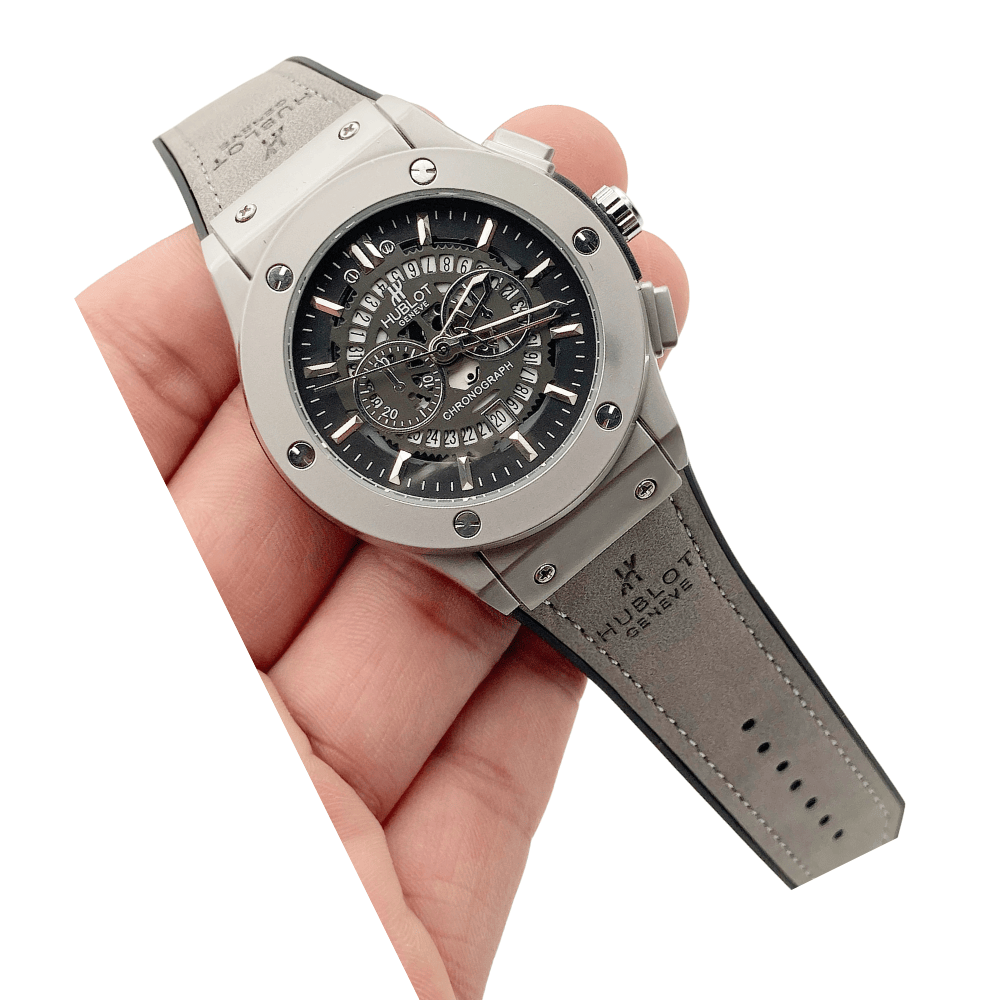 Hublot men’s watch silver dial with gray lock strap