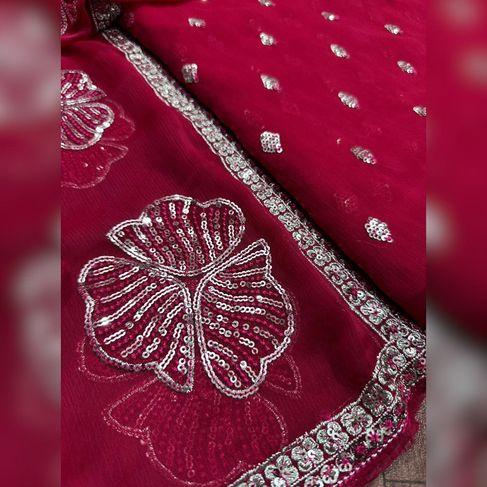 IZNIK Chiffon Red Embroidered Suit with Sequence Work and Inner