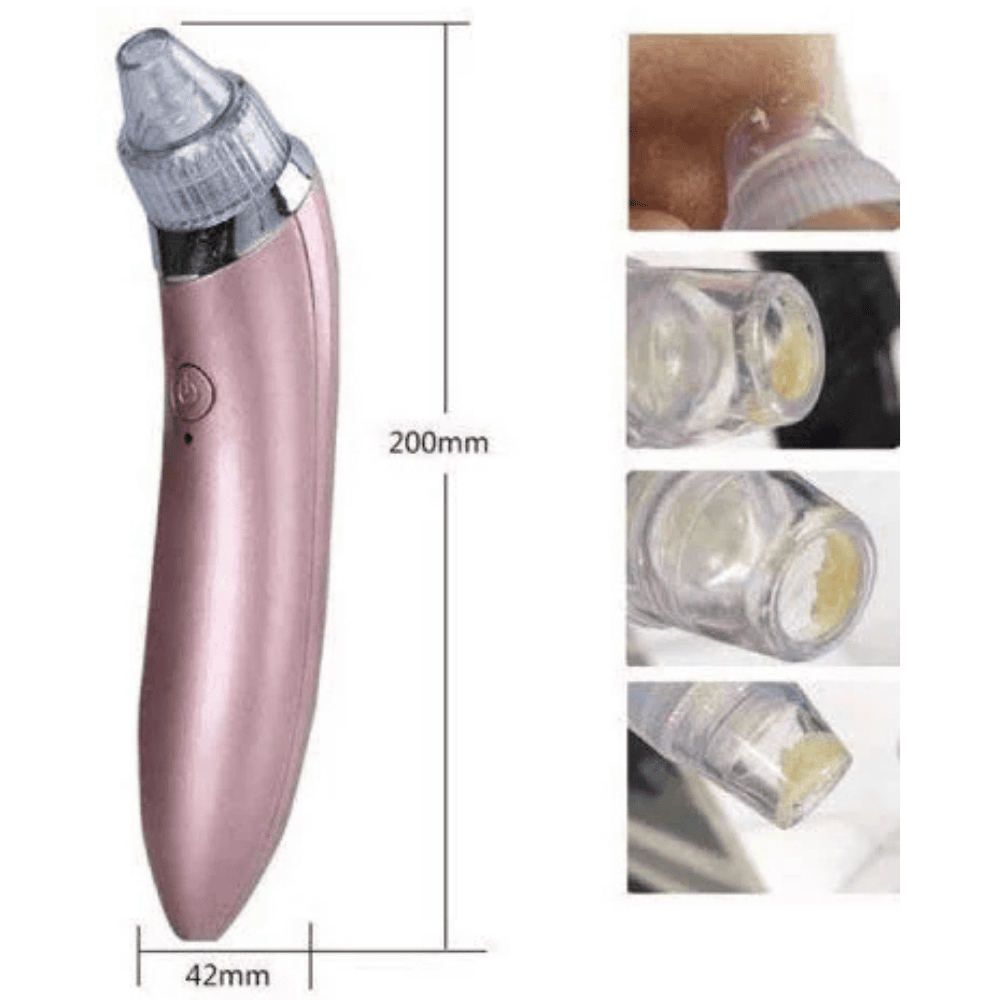 Pink electronic device with close-up insets and measurements on a white background