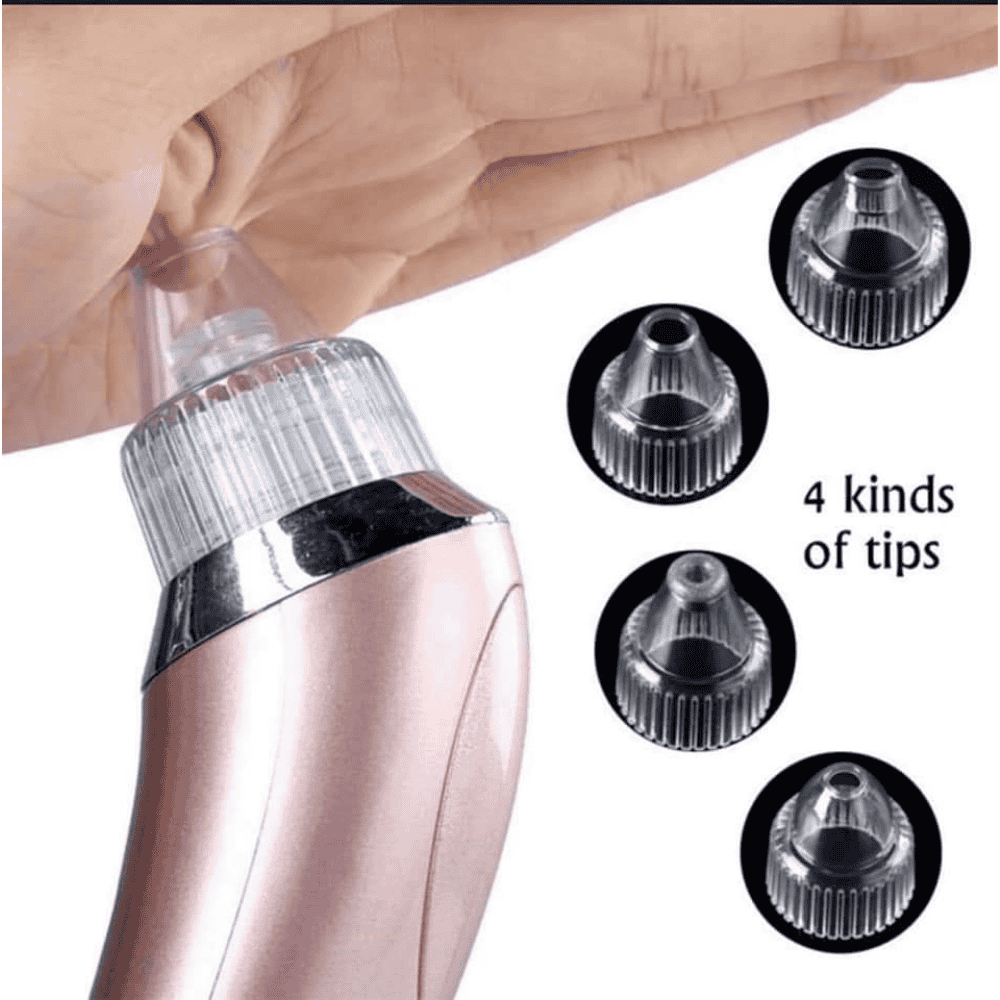 Beauty device with rose gold finish and four different tips displayed on a white background.