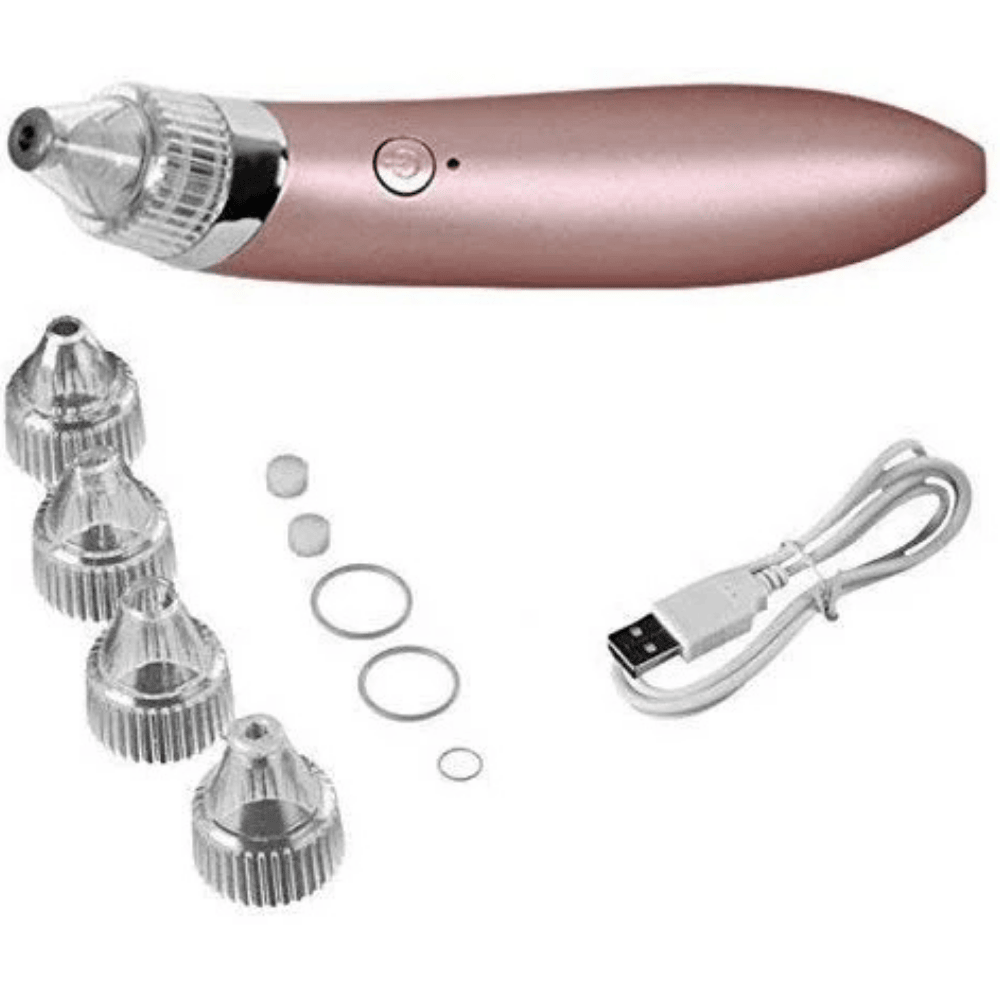 Pink electronic device with attachments and USB cable on a white background