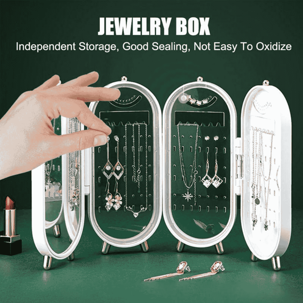 Front view of foldable white jewelry organizer showcasing features