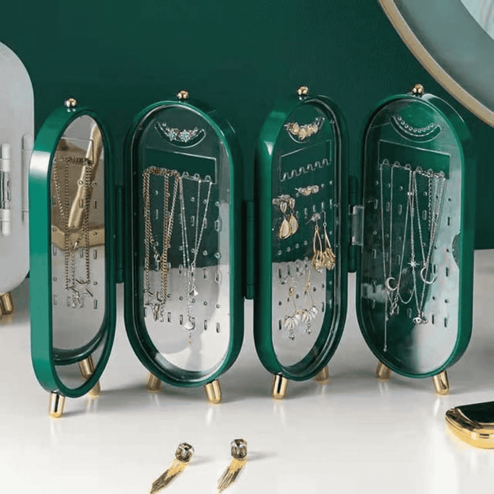 Front view of open green jewelry organizer