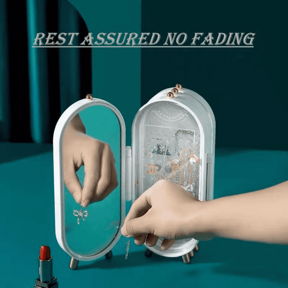 Side view highlighting integrated mirror in white jewelry box