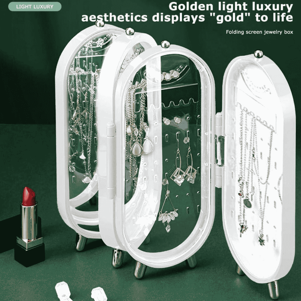 Side view of white jewelry organizer with hanging jewelry