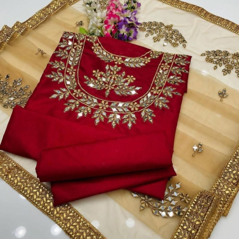 Open View of Kataan Silk Mirror Work Unstitched Red 3 Pcs Dress Set