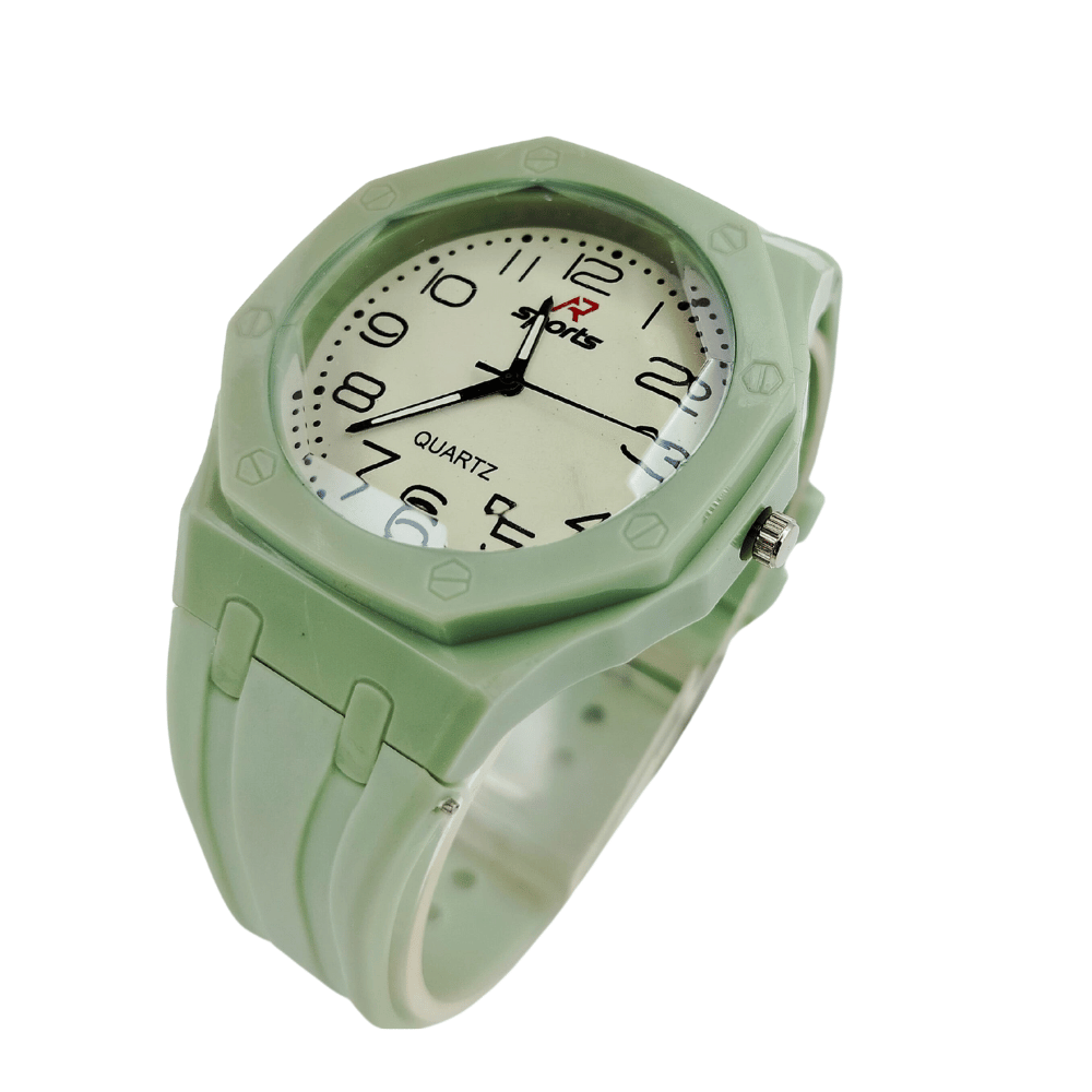 Child on a jungle gym wearing a sports watch with a green rubber strap.