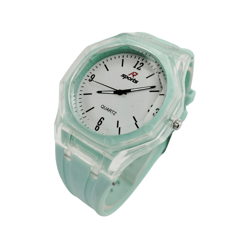 Child tying a shoelace wearing a sports watch with a light blue rubber strap