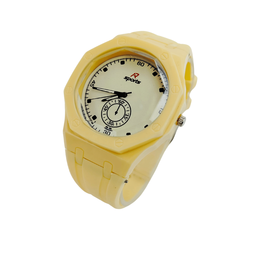Child running outdoors wearing a sports watch with a yellow rubber strap.