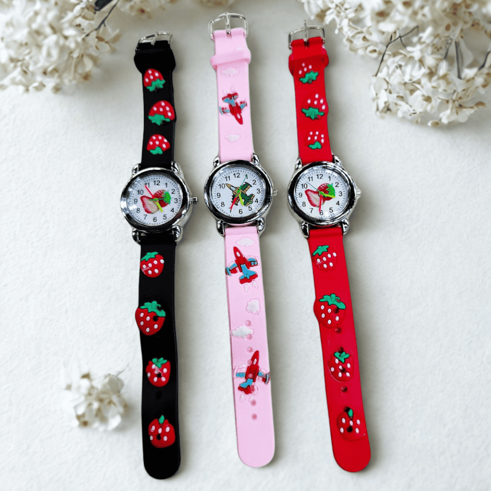 Close-up and front view of the Kids Watch Pack of 3 in assorted colors